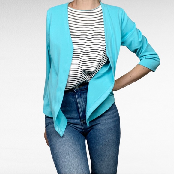 TTC 3pc Set Aqua Turquoise Open Front Cardigan Matching Striped/Solid Tank Tops - Picture 15 of 16